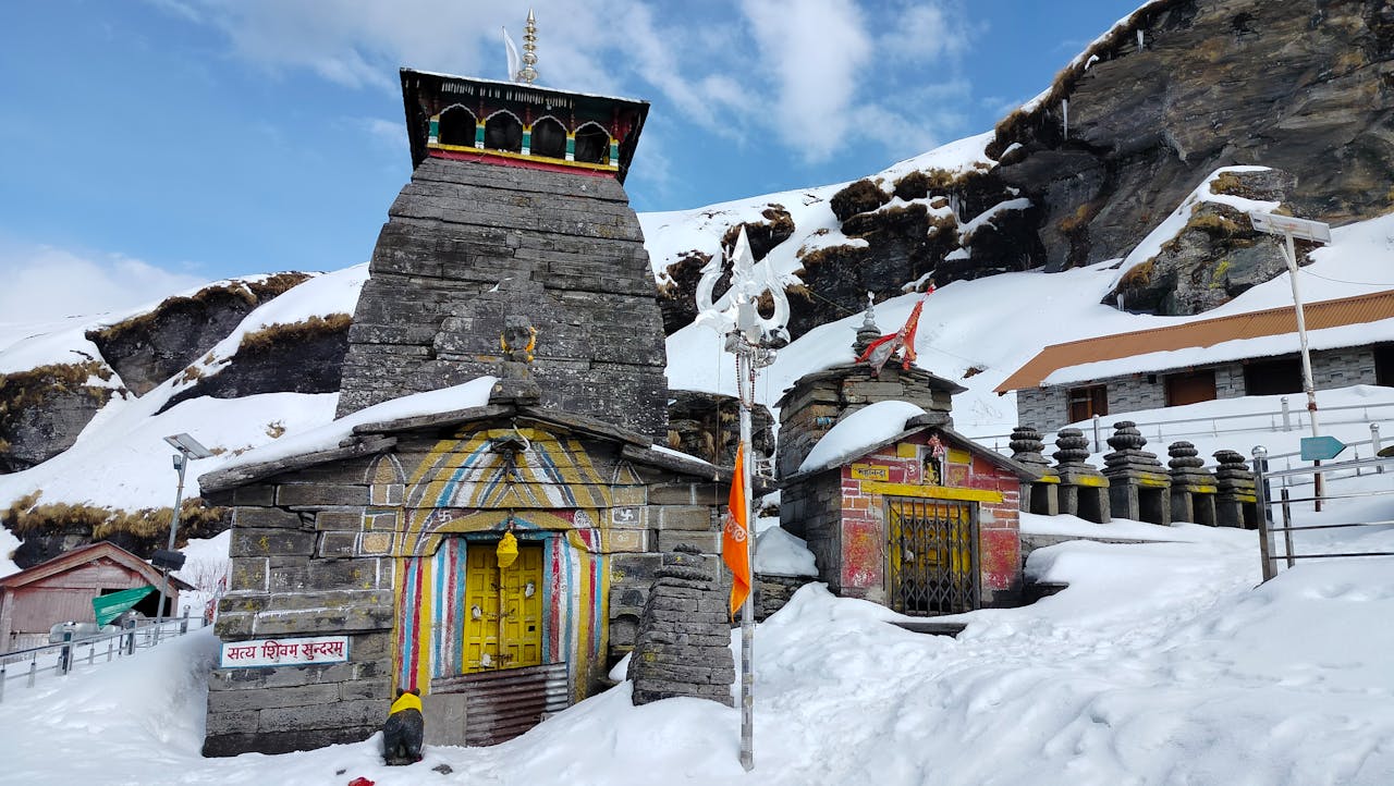 Tungnath Temple covered in winter snow, Uttarakhand, India. A serene and spiritual landmark.